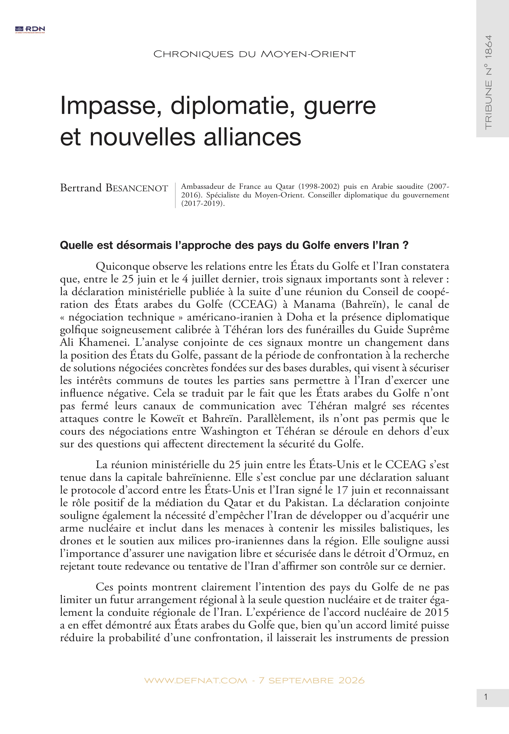 Chroniques du Moyen-Orient &ndash; Impasse, diplomatie, guerre et&nbsp;nouvelles&nbsp;alliances (&eacute;t&eacute;&nbsp;2026) (T&nbsp;1864)
